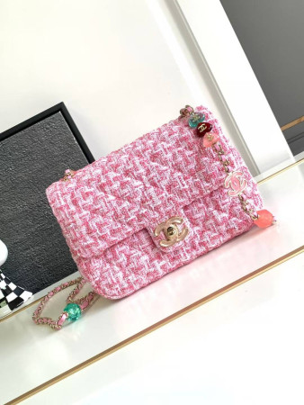 Ch*el flap bag pink tweed 14.5x18.5x6.5cm
