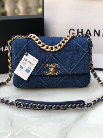 Ch*el 19 handbag ruthenium-finish metal navy 6.2 × 10.1 × 3.5 in
