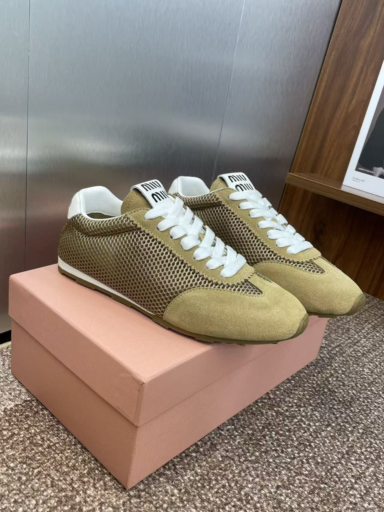 UA Miu Miu Plume mesh and suede sneakers