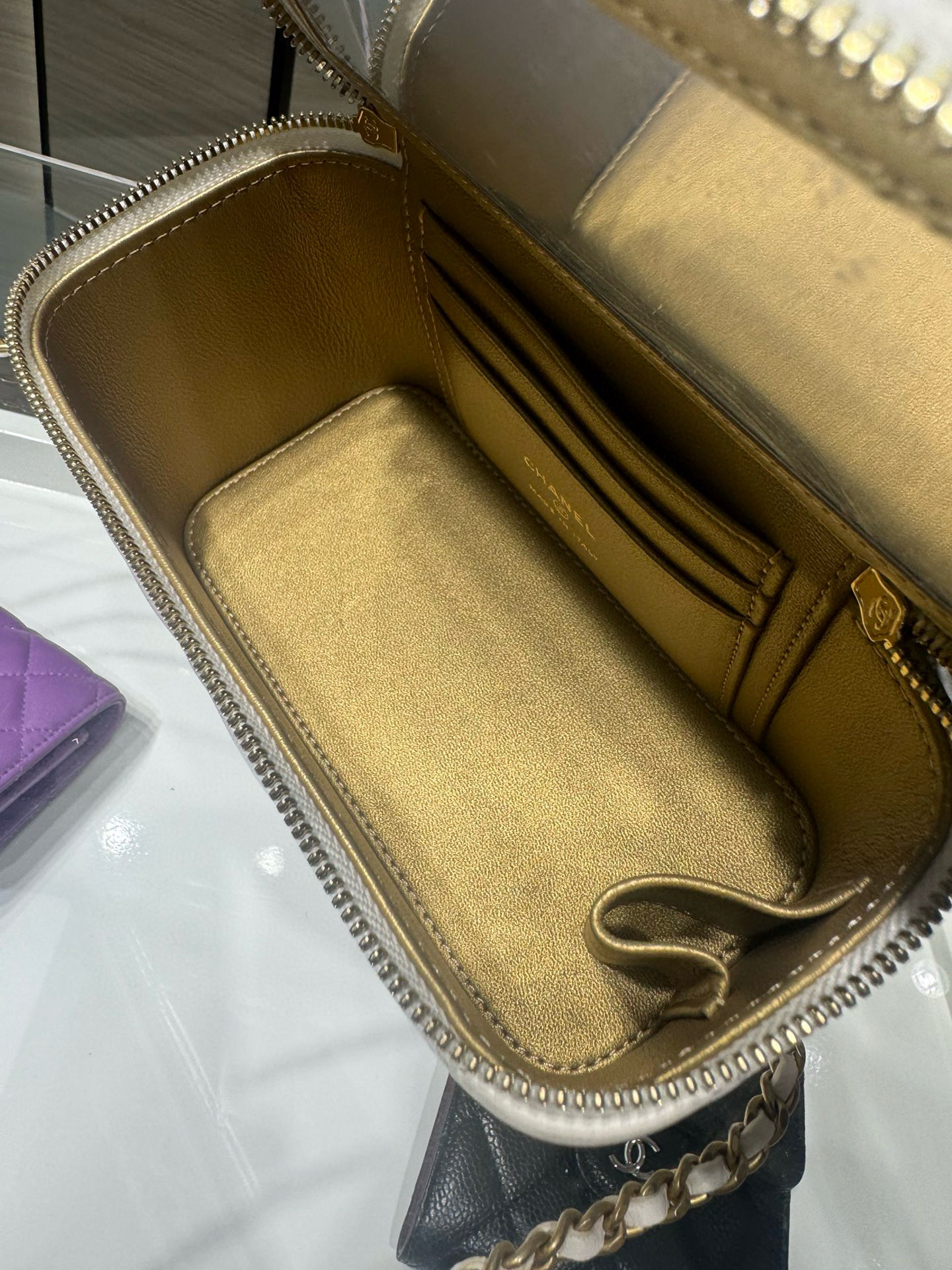 Ch*el walnut gold ball chain with makeup mirror lamb leather square box shoulder bag women