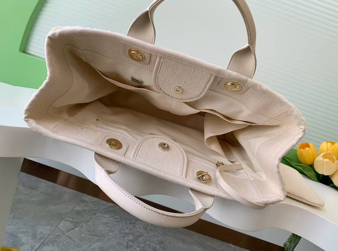 Ch*el shopping bag cotton canvas & gold-tone metal 38x30x22cm