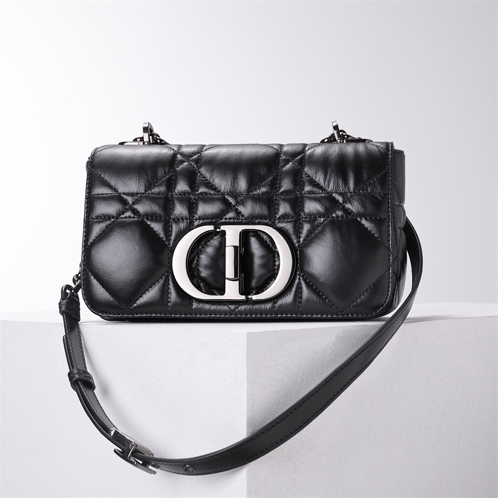 medium d*or caro bag black S*pple cannage calfskin with silver hardware 20x12x7cm