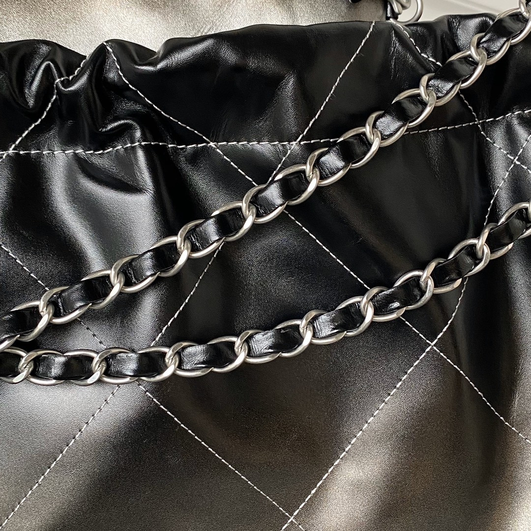 Ch*el 22 handbag shiny calfskin silver 15.2×16.4×3.1 in