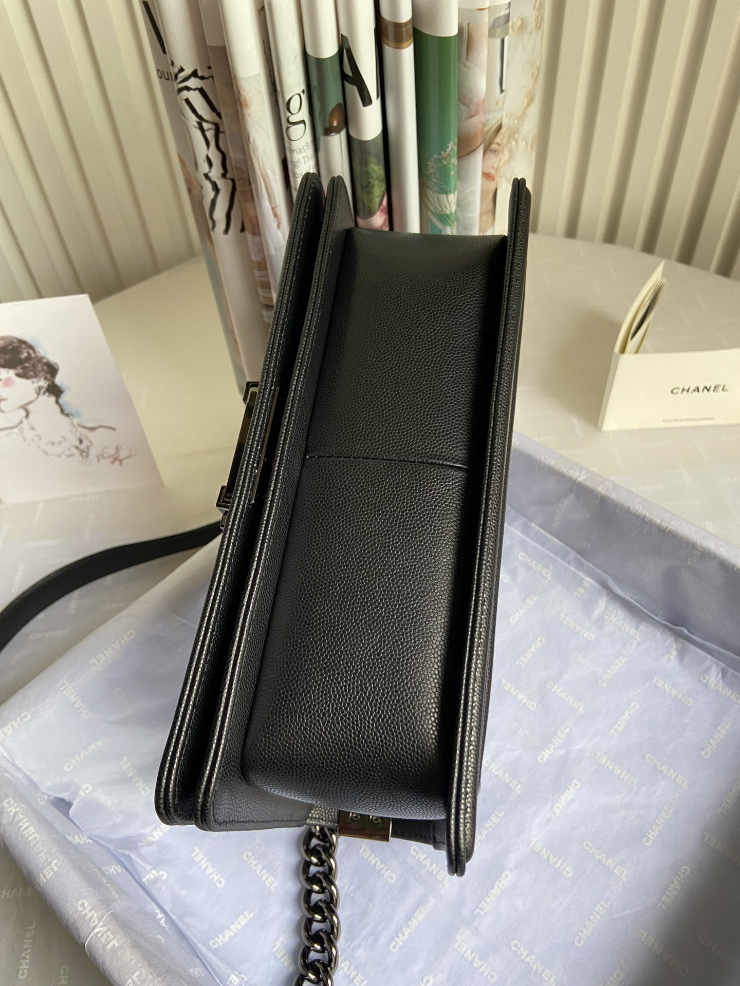 boy Ch*el handbag shiny grained calfskin black 5.9 × 9.8 × 3.5 in