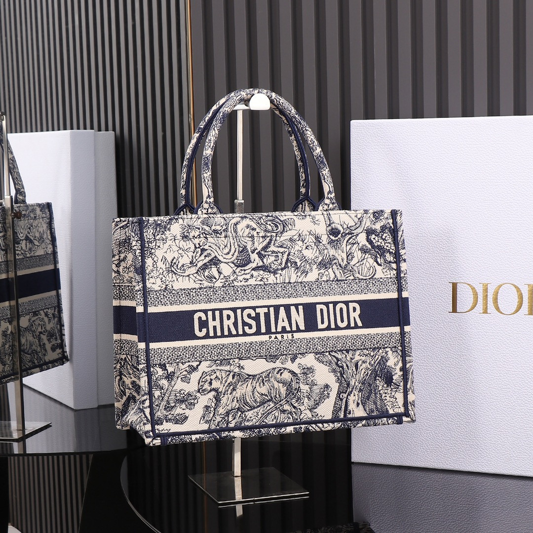 medium D*or book tote  ecru and blue toile de jouy embroidery 14 x 11 x 6.5 inches