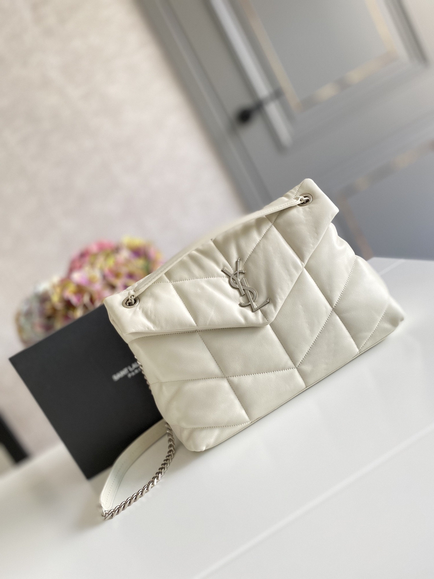 Y*L puffer medium in nappa leather white silver 13.7 x 9 x 5.3 inches