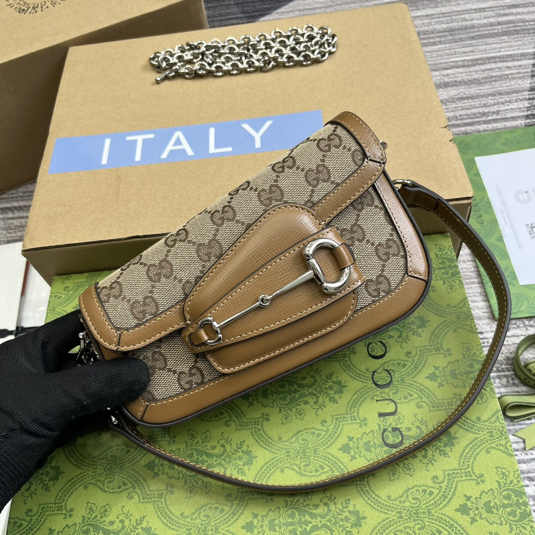 G*u*i horsebit 1955 mini shoulder bag brown 7.7"w x 5-3.1"h x 2.4-1.2"d