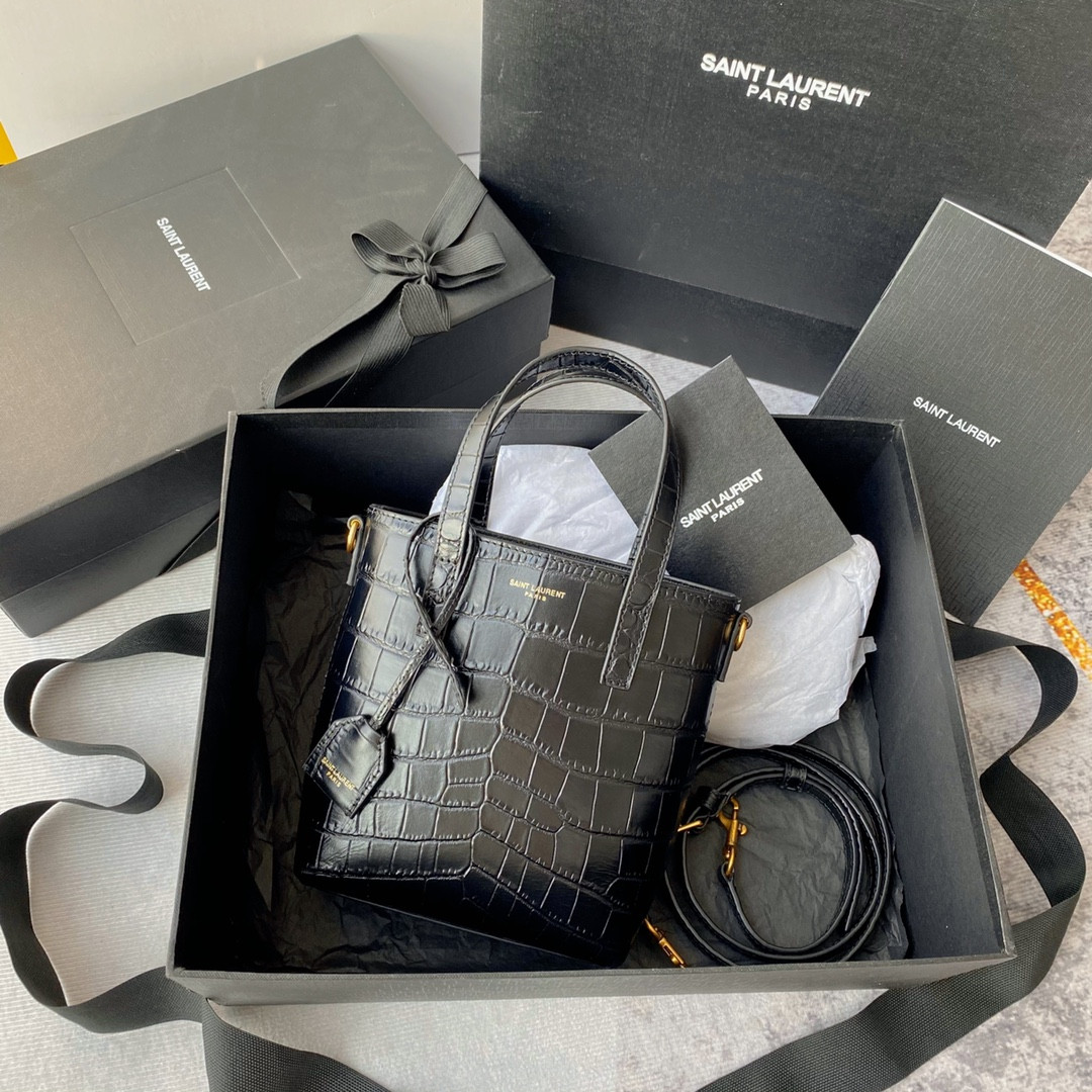 y*l Sa**t Lau*nt paris mini toy shopping in crocodile-embossed leather black 7.1 x 6.7 x 3.1 inches