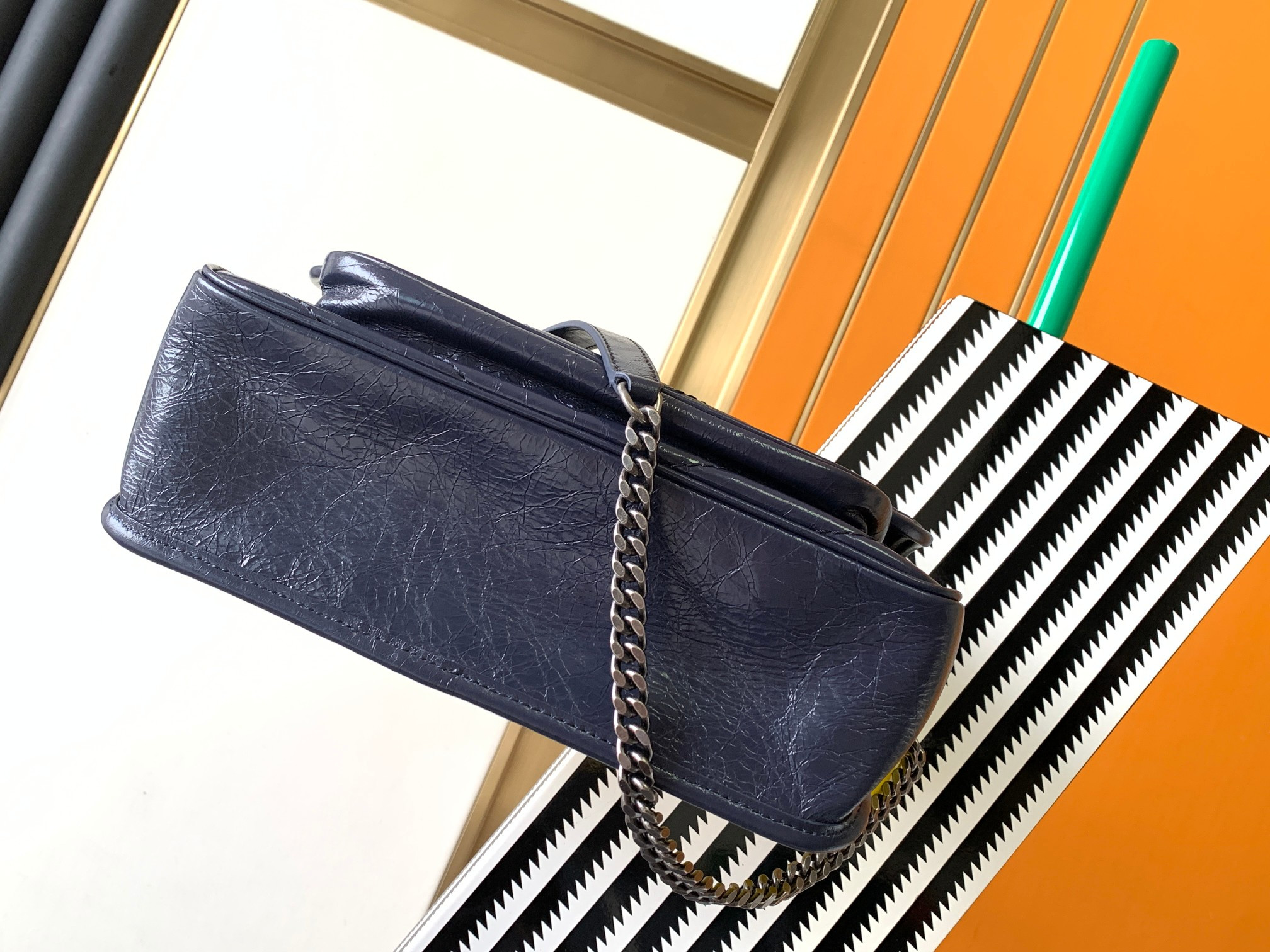 Y*L niki medium in vintage leather navy 11 x 7.8 x 3.3 inches