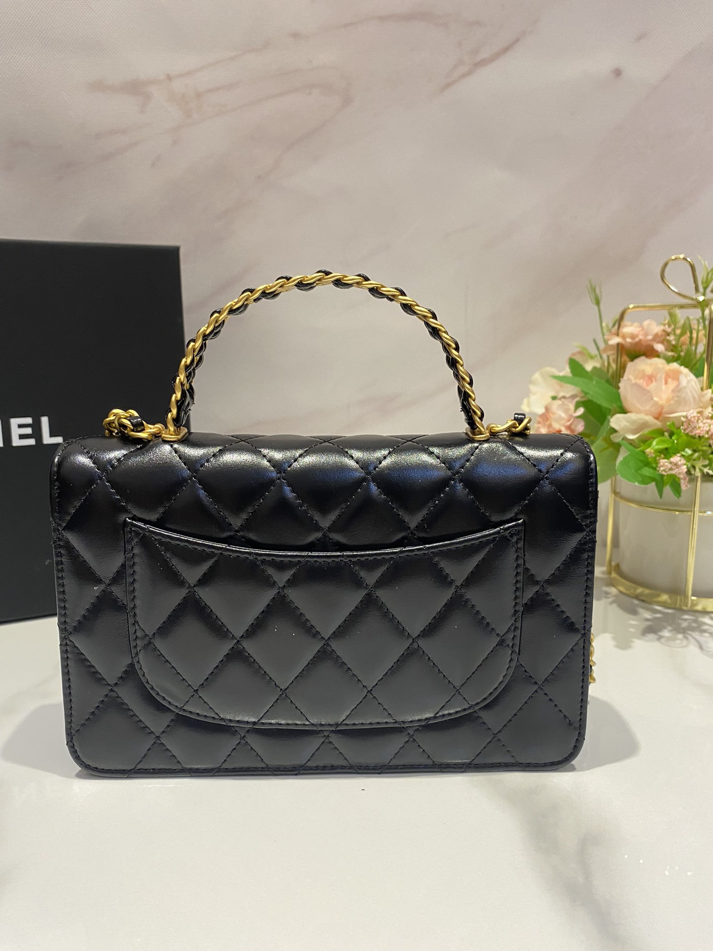 Ch*el classic wallet on chain rhinestone handle black 4.8 × 7.5 × 1.4 in