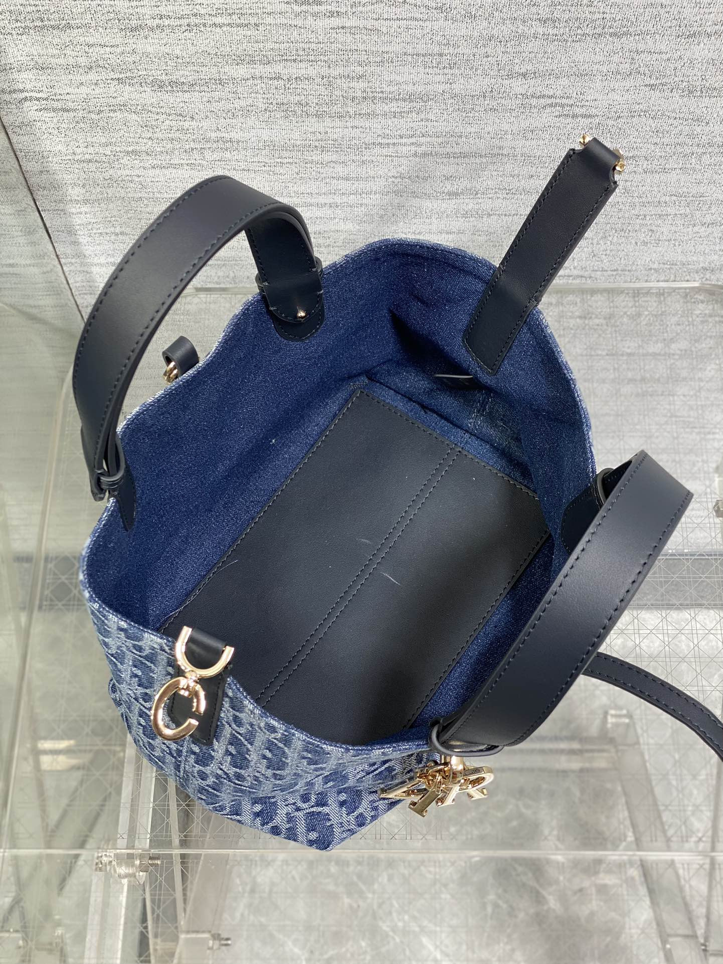 small D*or toujours bag blue denim D*or oblique jacquard 23 x15 x15cm