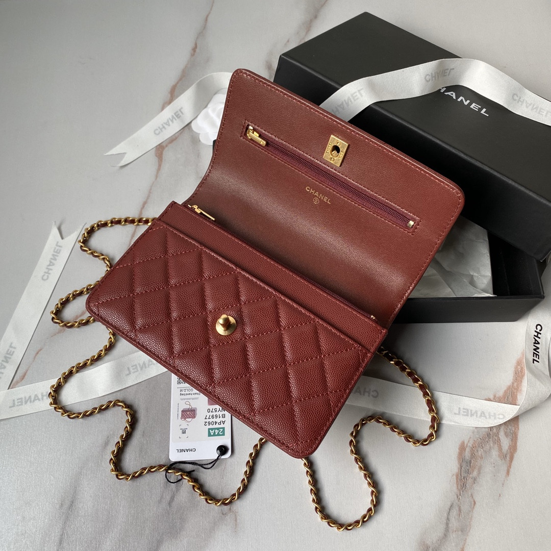 Ch*el wallet on chain grained shiny calfskin & gold-tone metal 12 × 19 × 5 cm